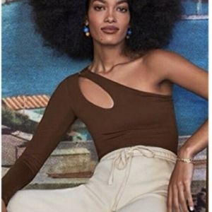 NWT REFORMATION One Shoulder Asymmetrical Long Sleeve Brown Fitted Top Sz XL